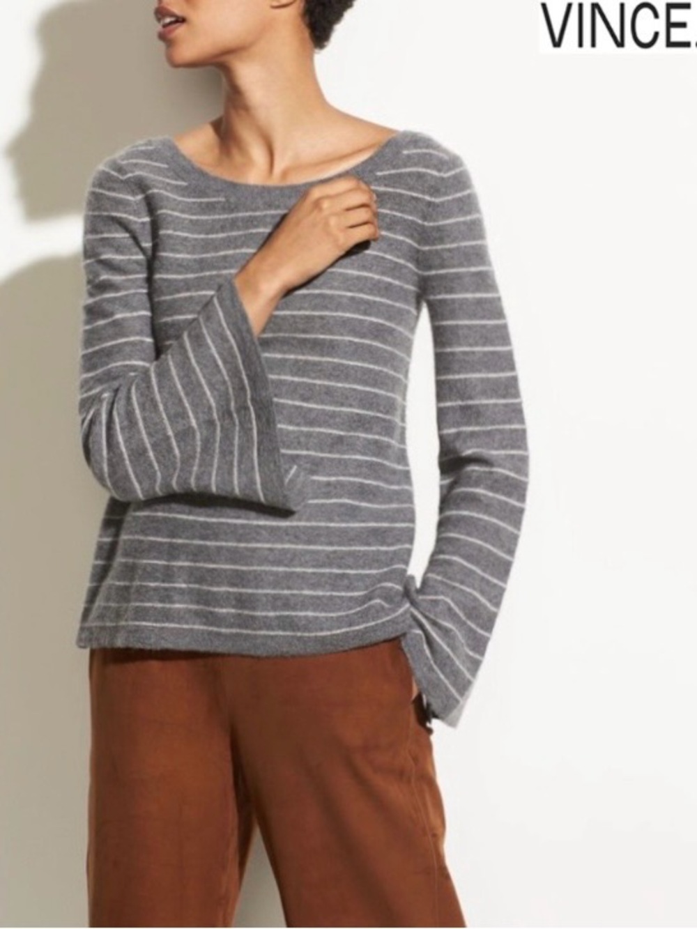 Vince 100% Cashmere Striped Bell Sleeve Scoop Neck Sterling Sweater NWT Size S